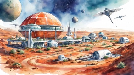 Planet Discovery - watercolor illustration of Futuristic Mars colony with interconnected habitats, vibrant gardens, and solar panels.