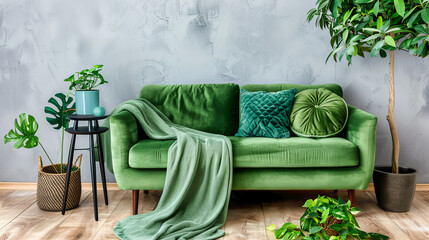 Cozy and Bright Living Room with Comfortable Sofa, Pink and Green Decor, and Stylish Scandinavian Design