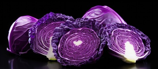 A beautiful array of purple cabbage slices arranged in a symmetric pattern on a dark backdrop, showcasing the vibrant hues of violet and magenta in natural foods