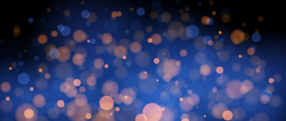 Blurred gold bokeh on blue background. Golden blurred effect wallpaper. Abstract shiny glitter, sparks and sparkles. Glowing backdrop for Christmas, New Year or birthday card, poster, banner. Vector © vika_k