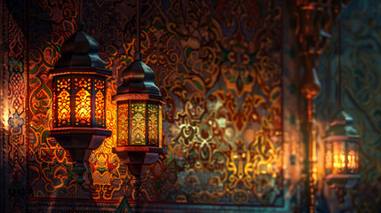 Traditional Arabic lanterns on intricate Islamic background for Ramadan Kareem, old style golden eid decoration lamp, candle in night, Festive greeting card, holy month of muslim ramadan, invitation