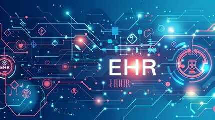 banner with the acronym EHR is intricately shaped by a combination of circuit board elements and medical symbols, symbolizing the concept of Electronic Health Record.
