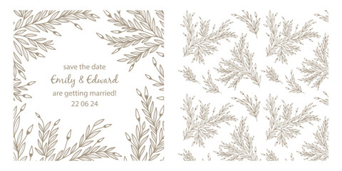 Elegant Floral Hand Drawn Wedding Invitation Template with Floral Pattern