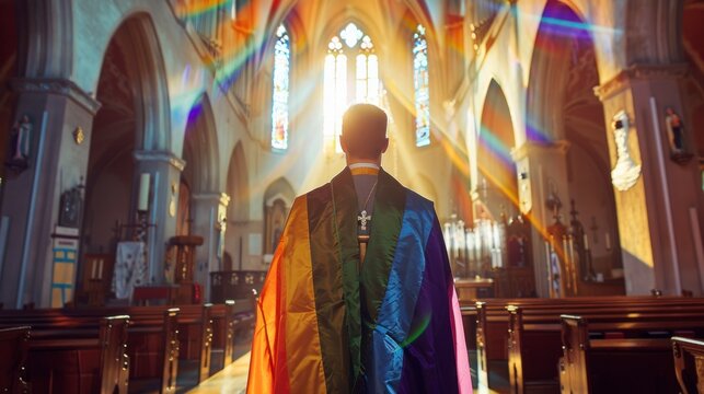 priest of a catholic church with the LGBT flag inside a catholic church as a tunic