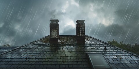 rain storm downpour on black roof tile of residential house