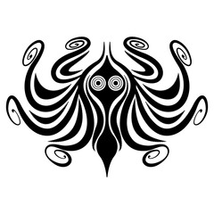 Stylized octopus with spiral tentacles. Ancient Greek animal design. Ethnic Cretan Minoan vase painting style. Black and white silhouette.