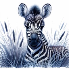 Fototapeta na wymiar watercolor black and white illustration of cute baby zebra for baby nursery kids room decor