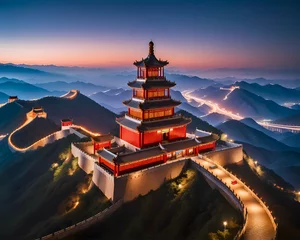 Foto op Plexiglas Aerial Chinese temple night lights Illuminated night view temple © JES ARB