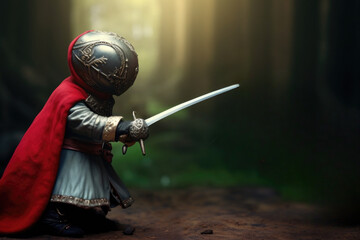 Little knight with a closed visor in armor with a cloak in the forest - obrazy, fototapety, plakaty