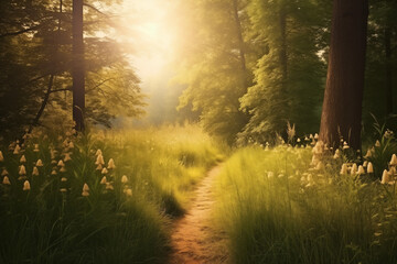 A sunlit forest with a narrow path winding through it. 