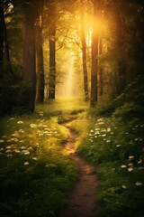 Fototapeta premium Sunlit forest path with white flowers