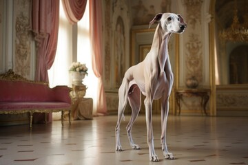 A graceful greyhound stands in the center of an opulent room.