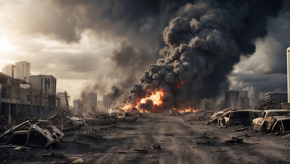 Apocalyptic destruction scene. World collapse, doomsday scene, digital painting. - obrazy, fototapety, plakaty