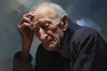 Portrait of an elderly man with an expression of sadness and grief on his face - obrazy, fototapety, plakaty