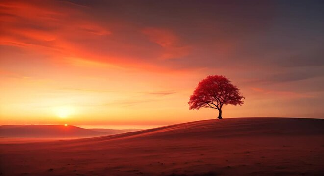 Minimalist design of a single tree casting a long shadow at sunset, serene solitude
