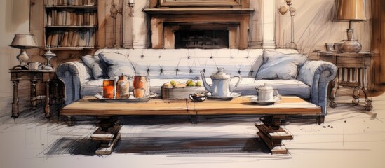 Interior sketch of a coffee table in a living room.