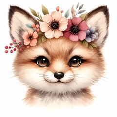 Fototapeta na wymiar watercolor illustration of cute baby fox wearing flowers for baby nursery children's room decor