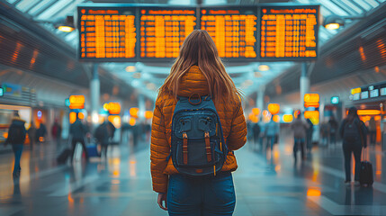 rearview of a woman at airport checking flight schedules. Backpack person at the airport looking at arrivel and depature screen, airport concept or train commuter  - obrazy, fototapety, plakaty