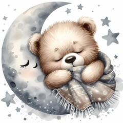 watercolor illustration of cute cuddly baby bear  for baby nursery children's room  decor