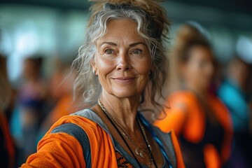 Image of a group of women over 50 years old doing a Zumba class - obrazy, fototapety, plakaty