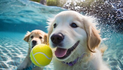 A golden retriever dog and his pup playing underwater with a tennis ball