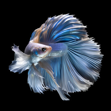 amazing blue- silver Betta fish male with long tail and fins posing against black background. close up. Digital artwork.  Ai generated