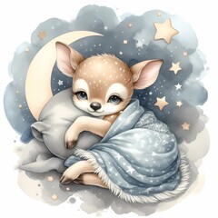 watercolor illustration of cute baby deer sleeping  for baby nursery children's room  decor