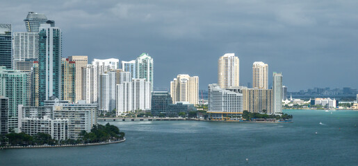 CLoseup aerial view of Miami downtown skyscrapers with colorful balconies