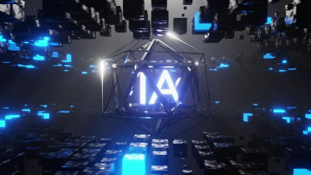 Rotating glowing object with AI letters moving around. Loop animation 3d