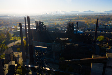 View from drone of old abandoned blast furnaces of Vitkovice Iron and Steel Works, Ostrava city,...