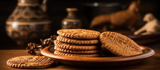 A plate of cookies, a type of baked goods, is displayed on a wooden table. These sweet finger foods...