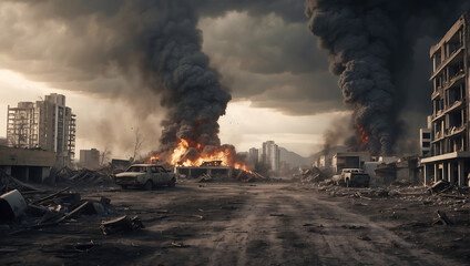 Apocalyptic destruction scene. World collapse, doomsday scene, digital painting. - obrazy, fototapety, plakaty