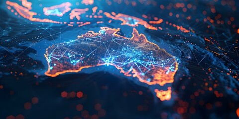 Digital Map of Australia: Symbolizing Connectivity, Data Transfer, and Technology Exchange. Concept Technology, Connectivity, Data Transfer, Australia, Digital Map