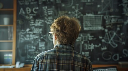 A mathematician wearing glasses focused deeply on solving complex problems. Male mathematician in search of mathematical understanding. - obrazy, fototapety, plakaty