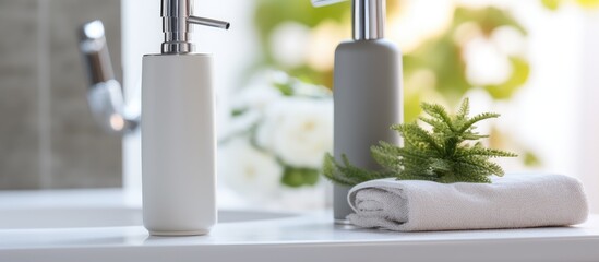 In the room, there are two soap dispensers, a towel, and a wood countertop. The decor includes a plant, a glass cylinder, and a gasbased product