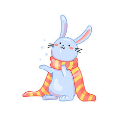 Funny bunny in striped scarf looks at snowflakes. Vector cartoon illustration for winter holidays for decor, print, web, isolated on white.