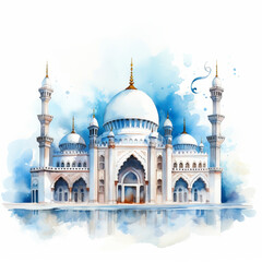 Fototapeta premium Watercolor Islamic Mosque, Suitable for Eid Mubarak greetings and Ramadan Kareem