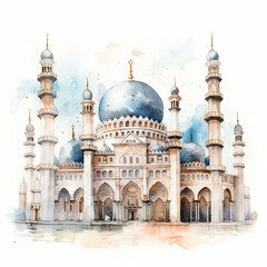 Fototapeta na wymiar Watercolor Islamic Mosque, Suitable for Eid Mubarak greetings and Ramadan Kareem