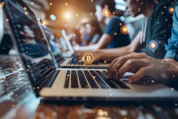 People showing bitcoin on laptop computer. Cryptocurrencies. Business