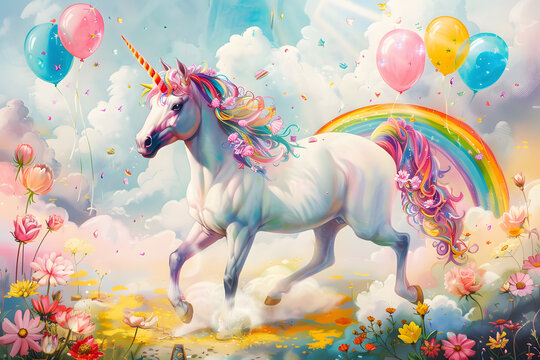 Colorful unicorn with vibrant rainbow, balloons, and flowers in a whimsical scene
