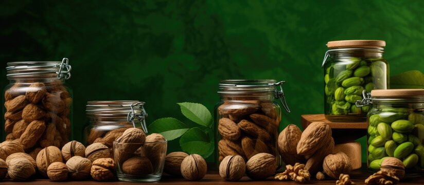 Various types of nuts are displayed in jars on the table, showcasing a diverse selection of natural foods that can be used as ingredients in cuisine