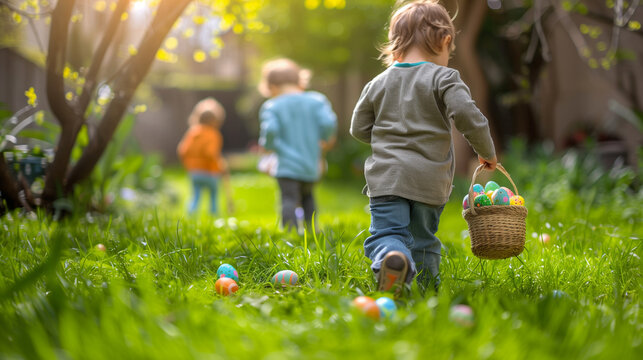 Children searching for colorful eggs in flower meadow, family together at Easter Sunday holiday, kids on Easter egg hunt, blurred background