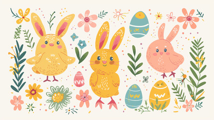 Easter Bunny Clip Art, a Big Set of cute Happy Easter cartoon characters