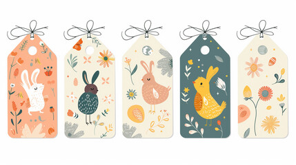 Set of Easter gift tags and labels with cute cartoon characters and type design . Easter greetings with bunny, chickens, eggs and flowers. Vector illustration