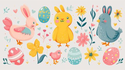 Easter Bunny Clip Art, a Big Set of cute Happy Easter cartoon characters and design elements. Bunnies, Easter eggs, flowers, hearts. Spring illustration. Funny fashion rabbit, spring colors