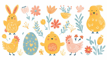 Naklejka premium Easter Bunny Clip Art, a Big Set of cute Happy Easter cartoon characters and design elements. Bunnies, Easter eggs, flowers, hearts. Spring illustration. Funny fashion rabbit, spring flowers