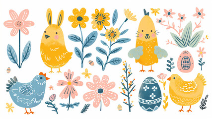 Easter Bunny Clip Art, a Big Set of cute Happy Easter cartoon characters and design elements. Bunnies, Easter eggs, flowers, hearts. Spring illustration. Funny fashion rabbit