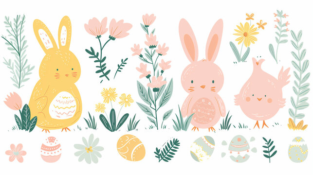 Easter Bunny Clip Art, Set of cute Easter cartoon characters and design elements. Easter bunny, chickens, eggs and flowers. Vector illustration.