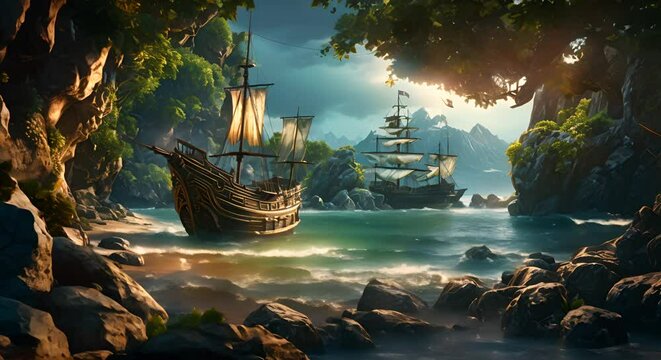 Pirate cove with hidden treasures and a secretive atmosphere