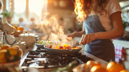 Family cooking an Easter meal in the kitchen, Easter gatherings, featuring shared meals, lively...